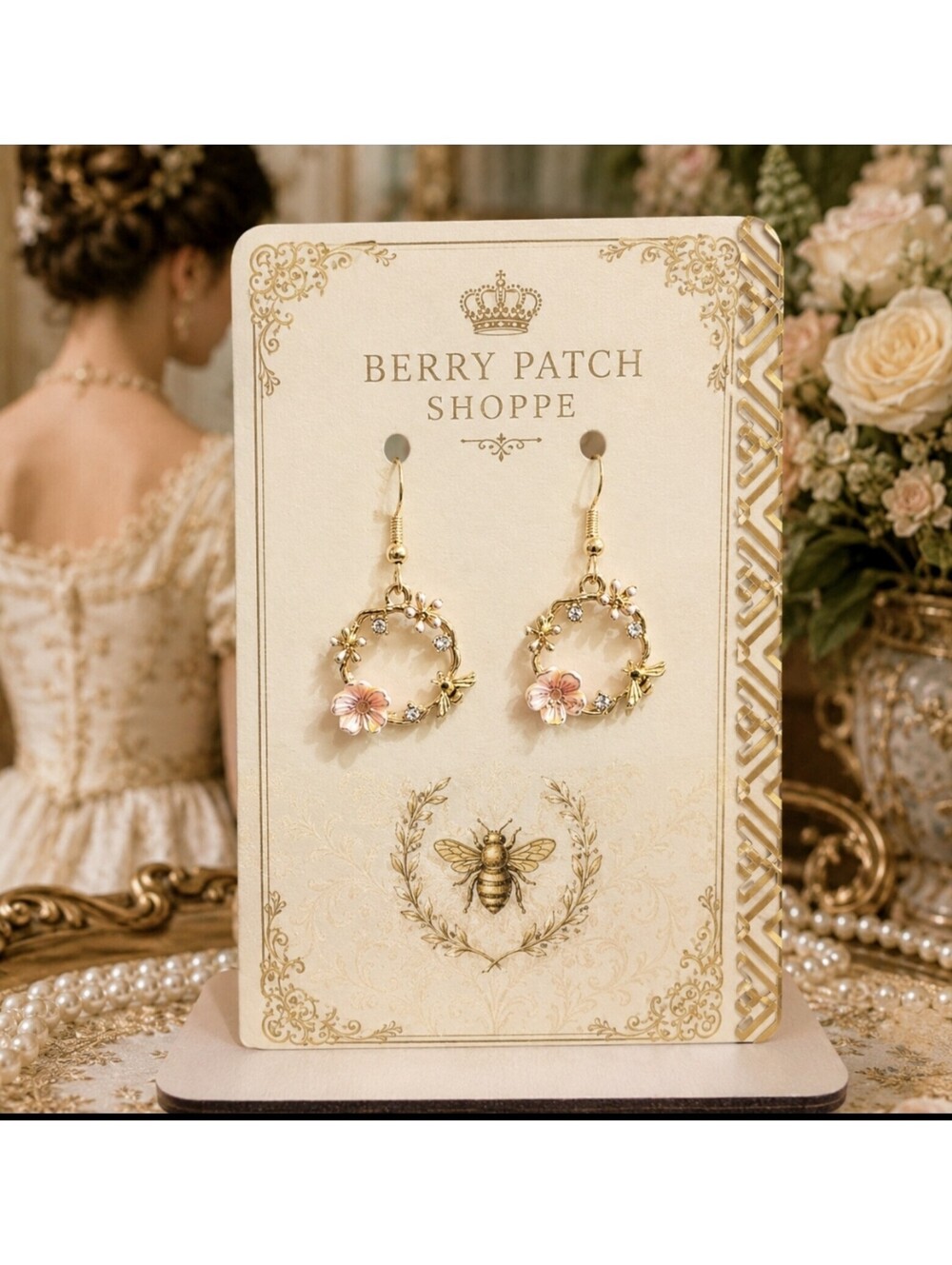 Bridgerton Flowers & Bees Wreath Gold Regencycore Dainty Hypoallergenic Earrings